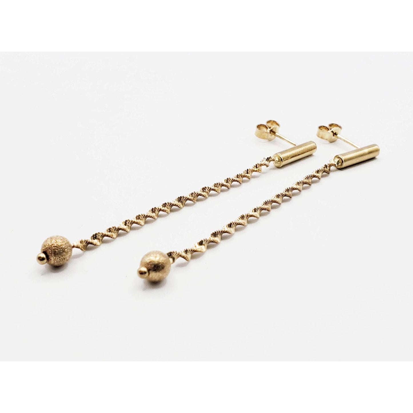 Ball Bead Spiral Dangle Drop Earrings 14k Gold