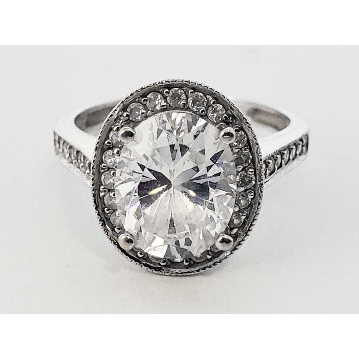 Oval CZ Halo Ring with Accents 14k White Gold Size 6