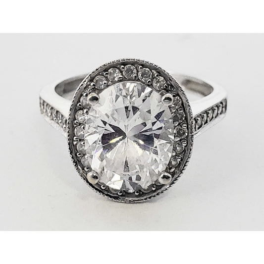 Oval CZ Halo Ring with Accents 14k White Gold Size 6
