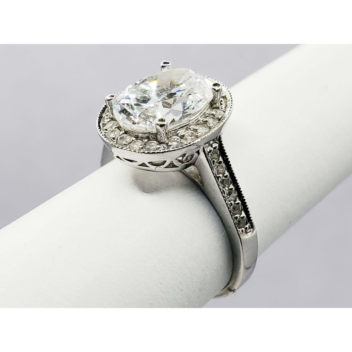 Oval CZ Halo Ring with Accents 14k White Gold Size 6
