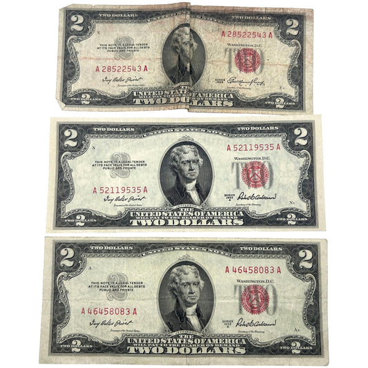 LOT of 3 1953-A/1953 $2 Bills, Red Seal, Circulated Banknotes