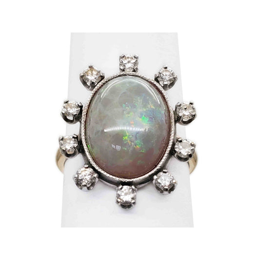 Vintage Oval Fire Opal Cabochon & Diamond Halo Cocktail Ring 14k Gold Size 6.75
