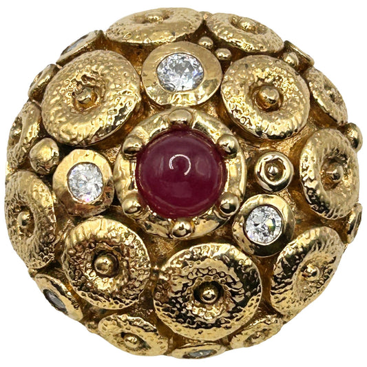 Rivka Friedman Dome Red Cab Clear Crystal 18k Gold Plated Ring - Size 10.75