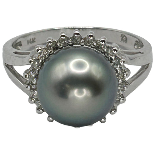 14k White Gold 10-10.5mm Tahitian Black Pearl and Round Diamonds Ring Size 7.5