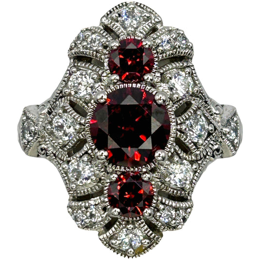 Art Deco Style Garnet & White Zircon 925 Sterling Silver Cluster Ring - Size 6