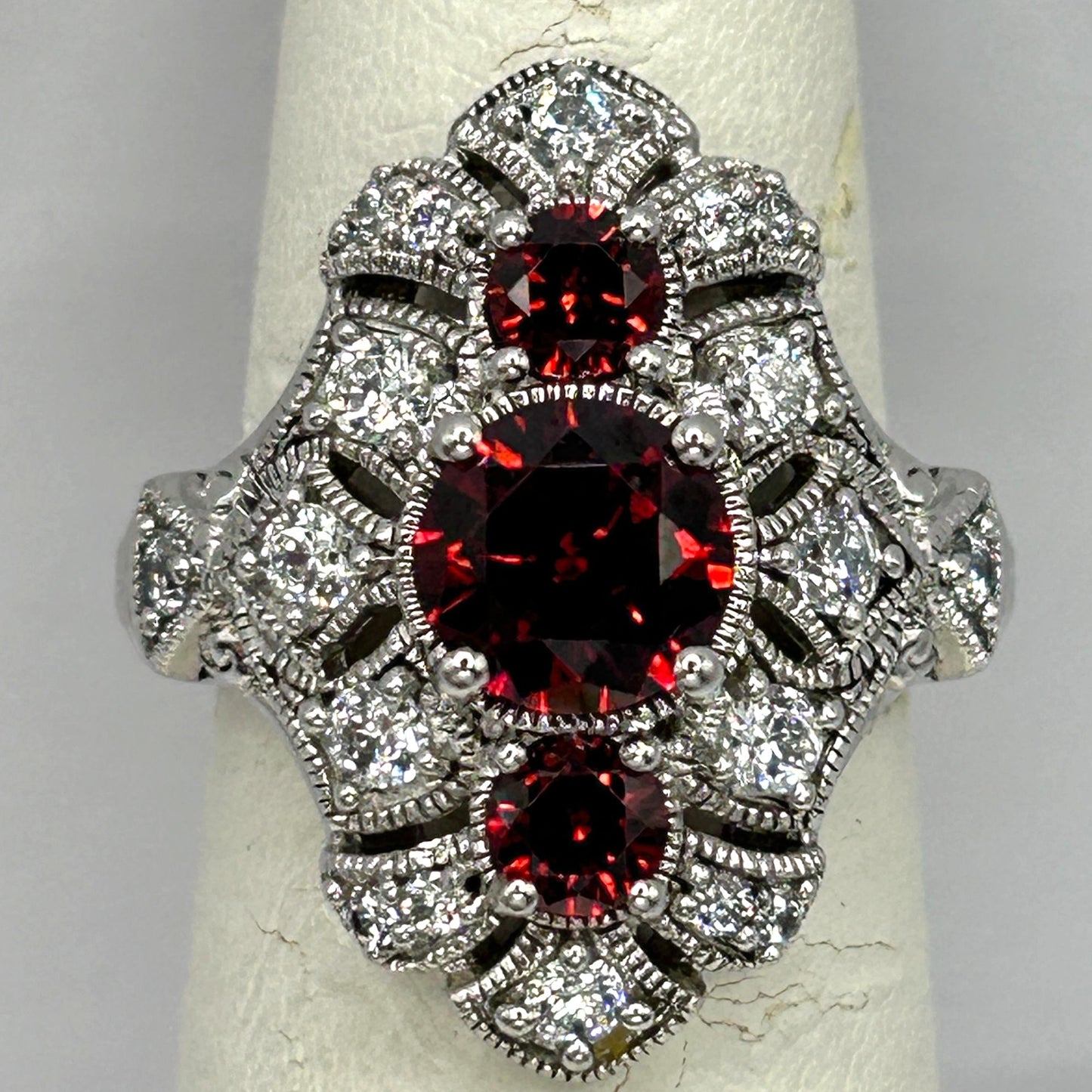 Art Deco Style Garnet & White Zircon 925 Sterling Silver Cluster Ring - Size 6