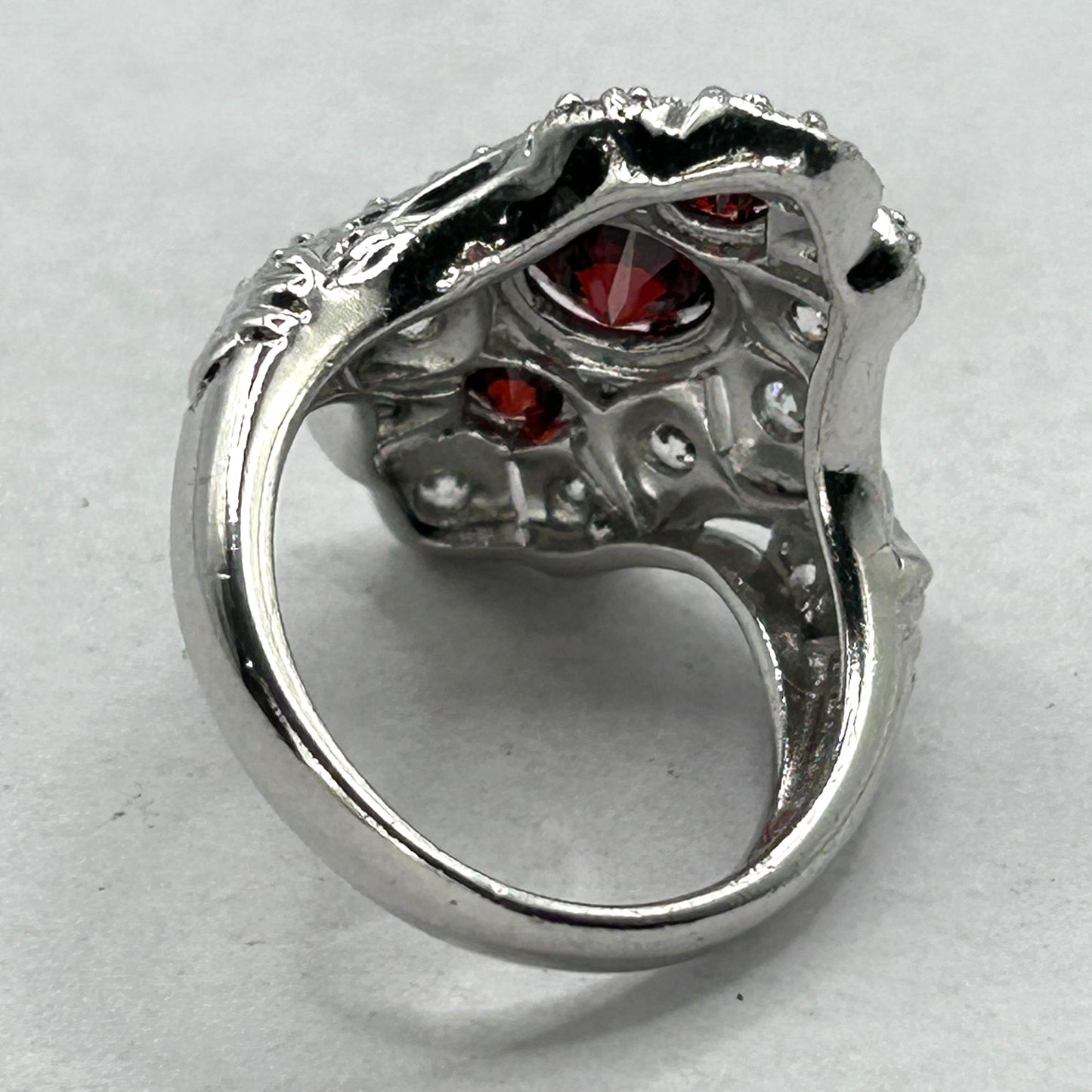 Art Deco Style Garnet & White Zircon 925 Sterling Silver Cluster Ring - Size 6