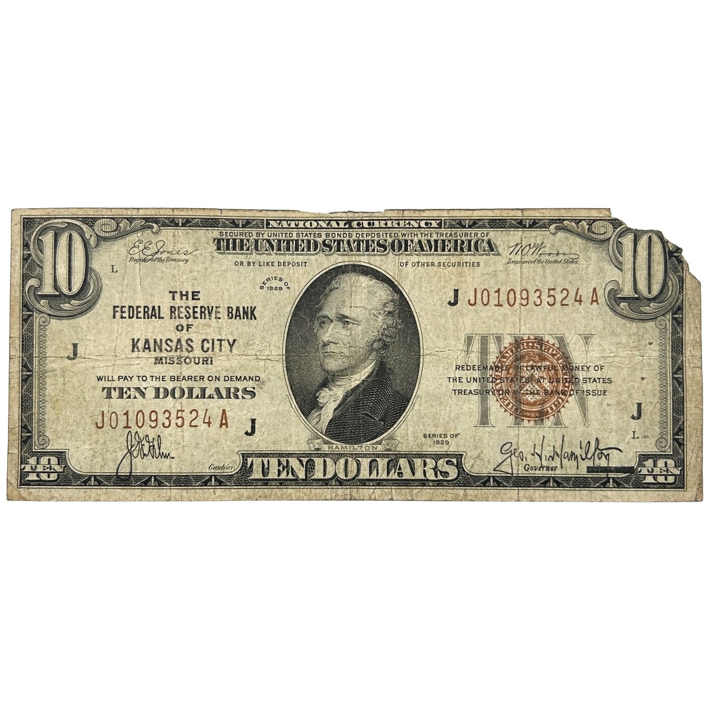 1929 $10 National Currency - Federal Reserve Bank of Kansas City Missouri