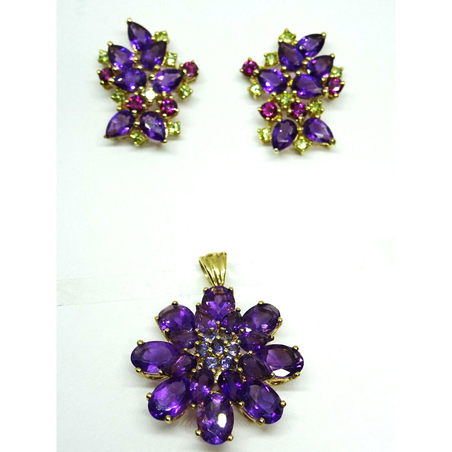 Amethyst Tourmaline Peridot Iolite Earrings & Pendant Set 10k Gold