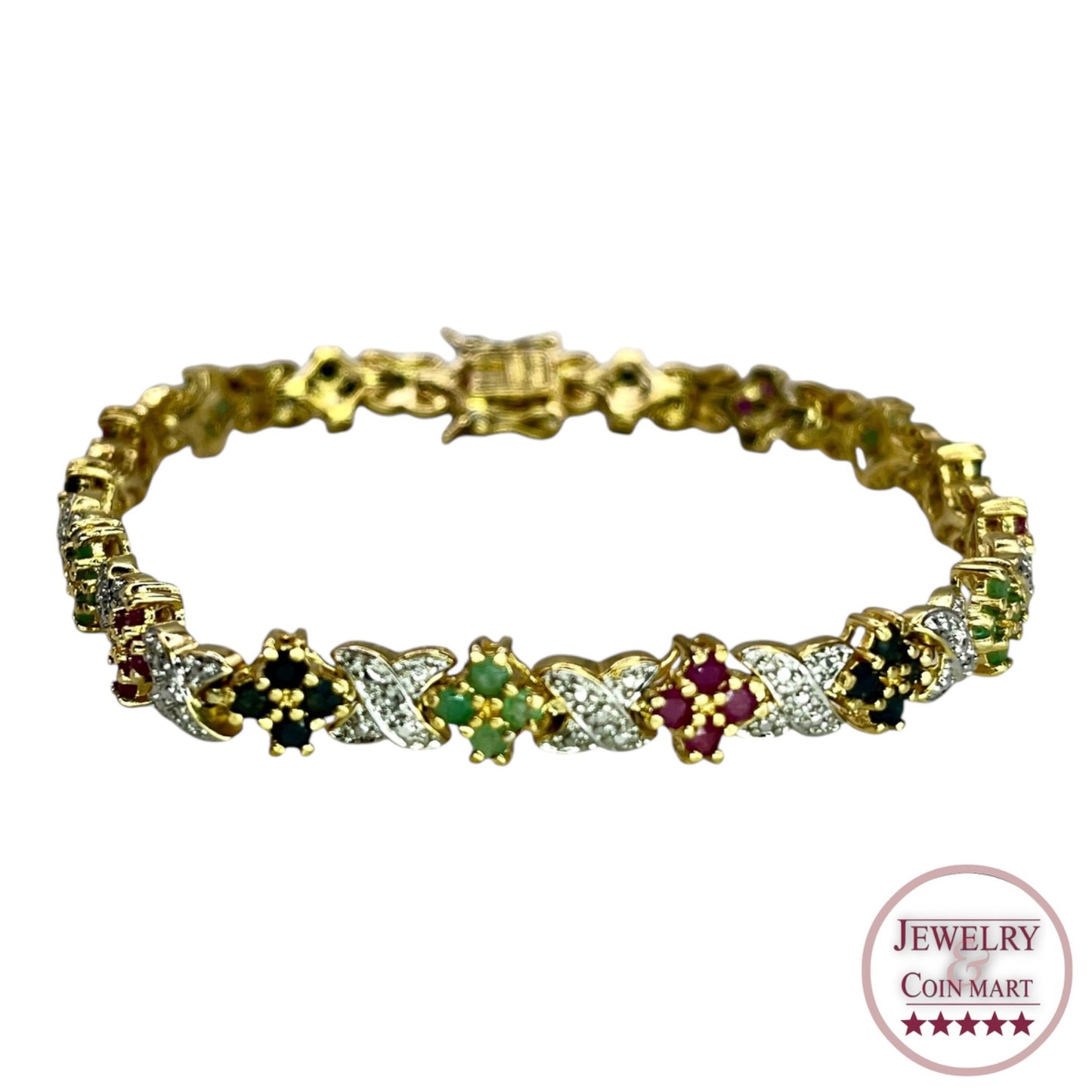 Ross Simons 925 Silver Gold Vermeil Ruby Sapphire Emerald Floral Tennis Bracelet