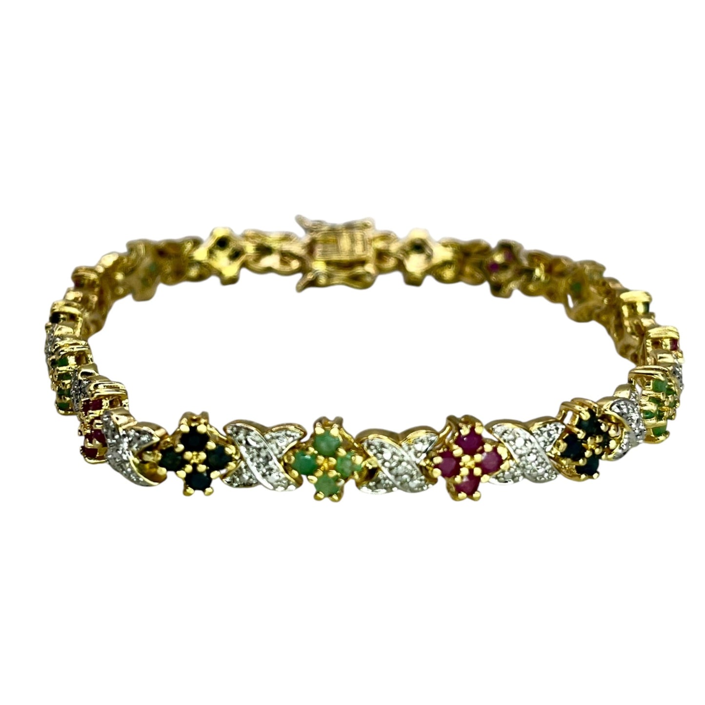 Ross Simons 925 Silver Gold Vermeil Ruby Sapphire Emerald Floral Tennis Bracelet