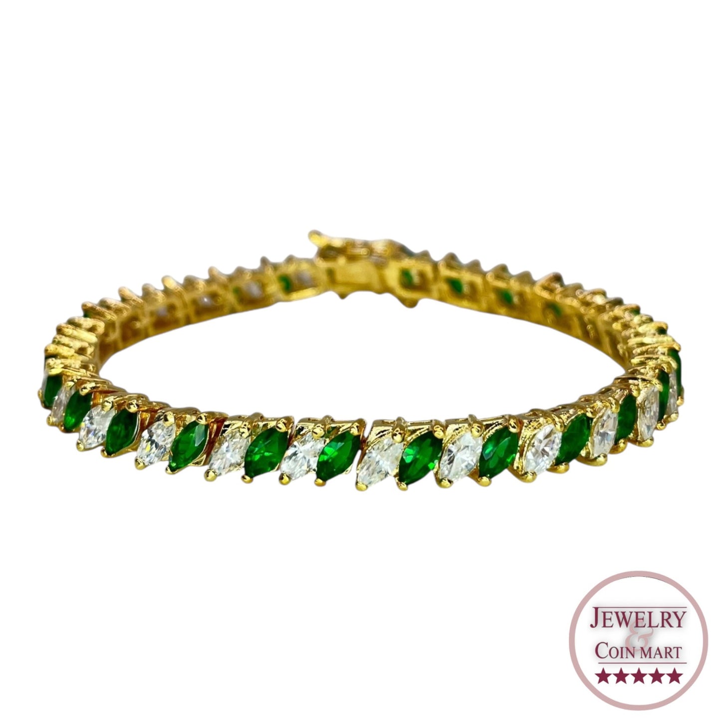 Sterling Silver Gold Vermeil Green White Marquise Cubic Zirconia Tennis Bracelet