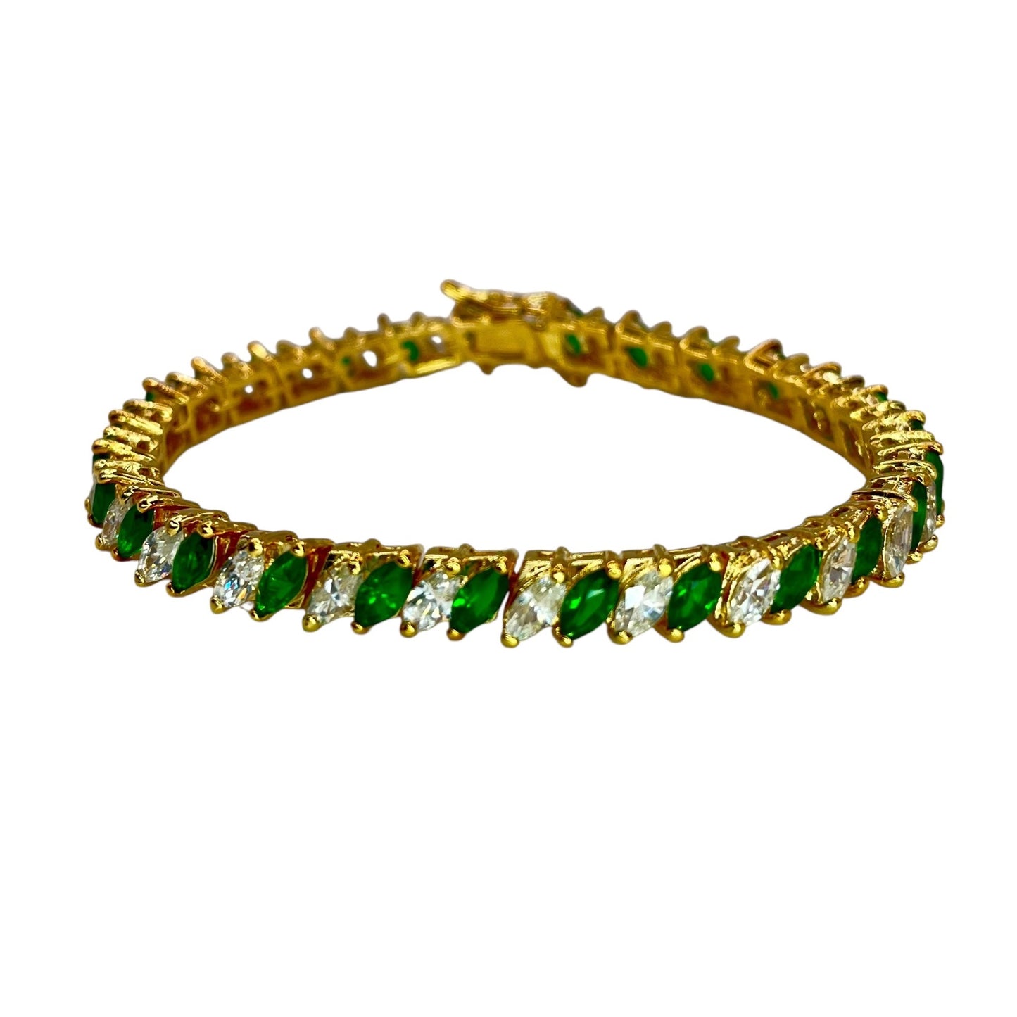 Sterling Silver Gold Vermeil Green White Marquise Cubic Zirconia Tennis Bracelet