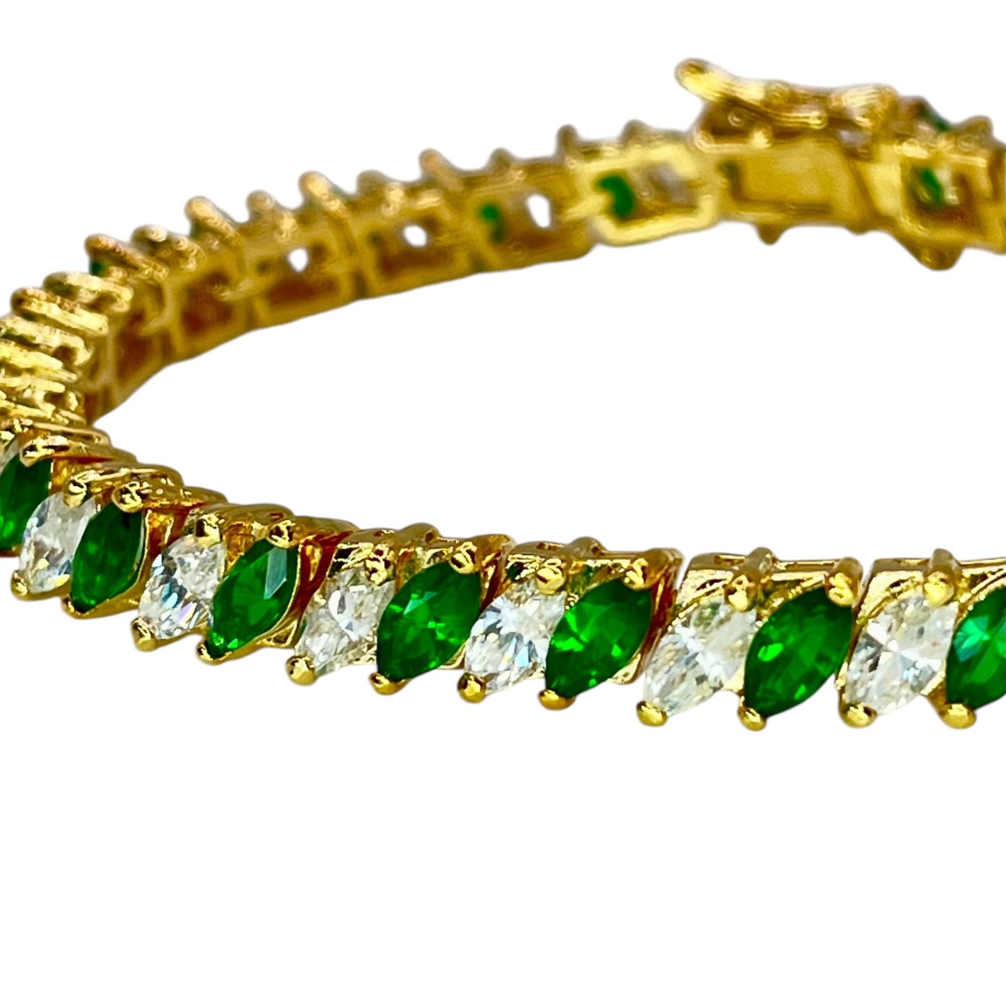 Sterling Silver Gold Vermeil Green White Marquise Cubic Zirconia Tennis Bracelet