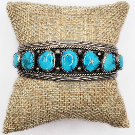 Peter Johnson Navajo Turquoise Station Cuff Bracelet Sterling Silver
