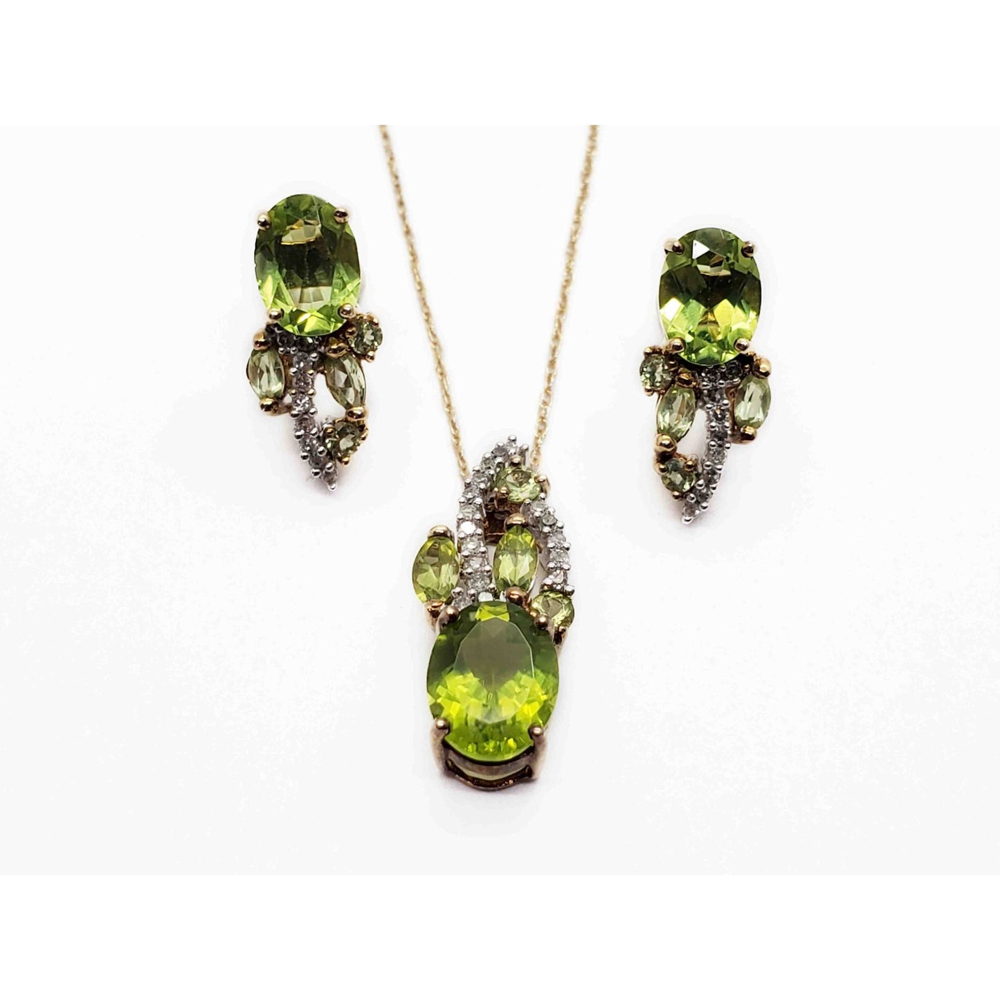 Heng Ngai Oval Peridot & Diamond Accent Pendant & Earrings Set 10k Gold