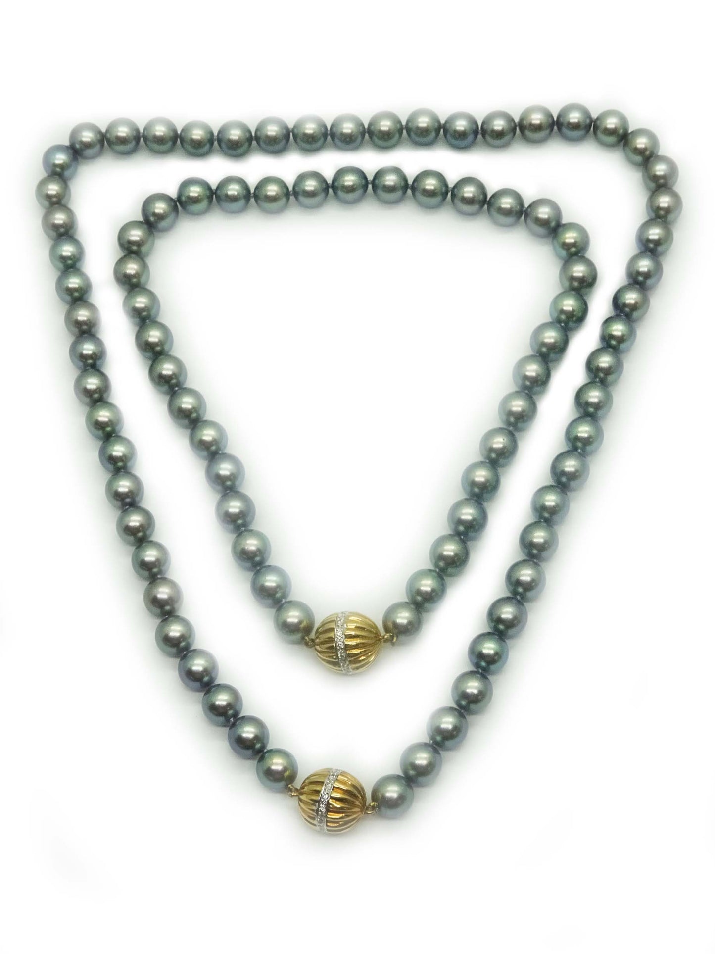 Natural Black Tahitian Pearl 9.2mm Dual Strand Necklace 18k Diamond Clasps 35.5"