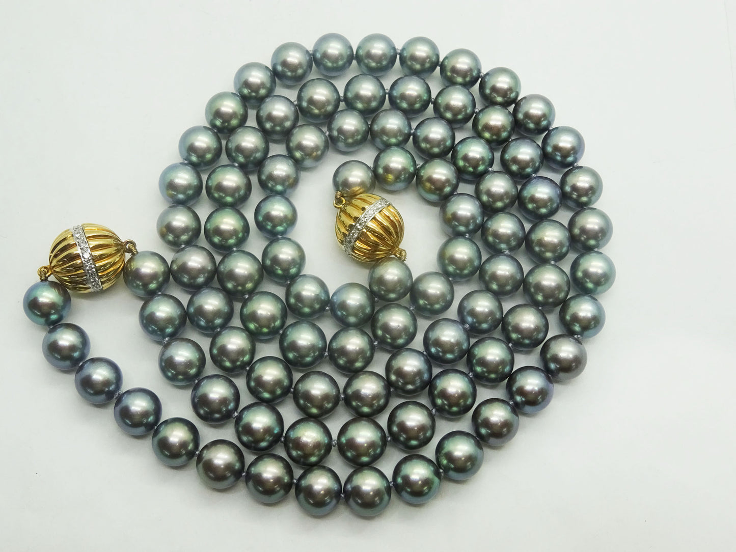 Natural Black Tahitian Pearl 9.2mm Dual Strand Necklace 18k Diamond Clasps 35.5"