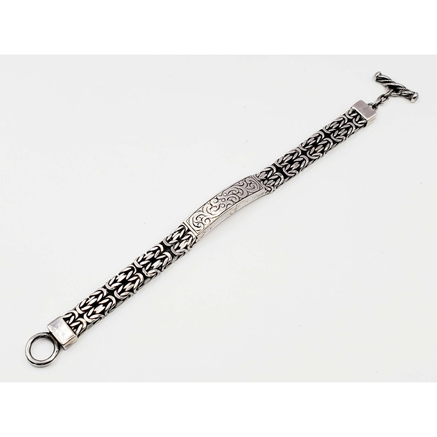 Lois Hill Designer 9.5mm Byzantine Style ID Toggle Bracelet Sterling Silver