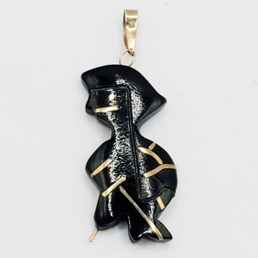 Antique Carved Black Coral Charm Pendant with 14k Gold Inlays
