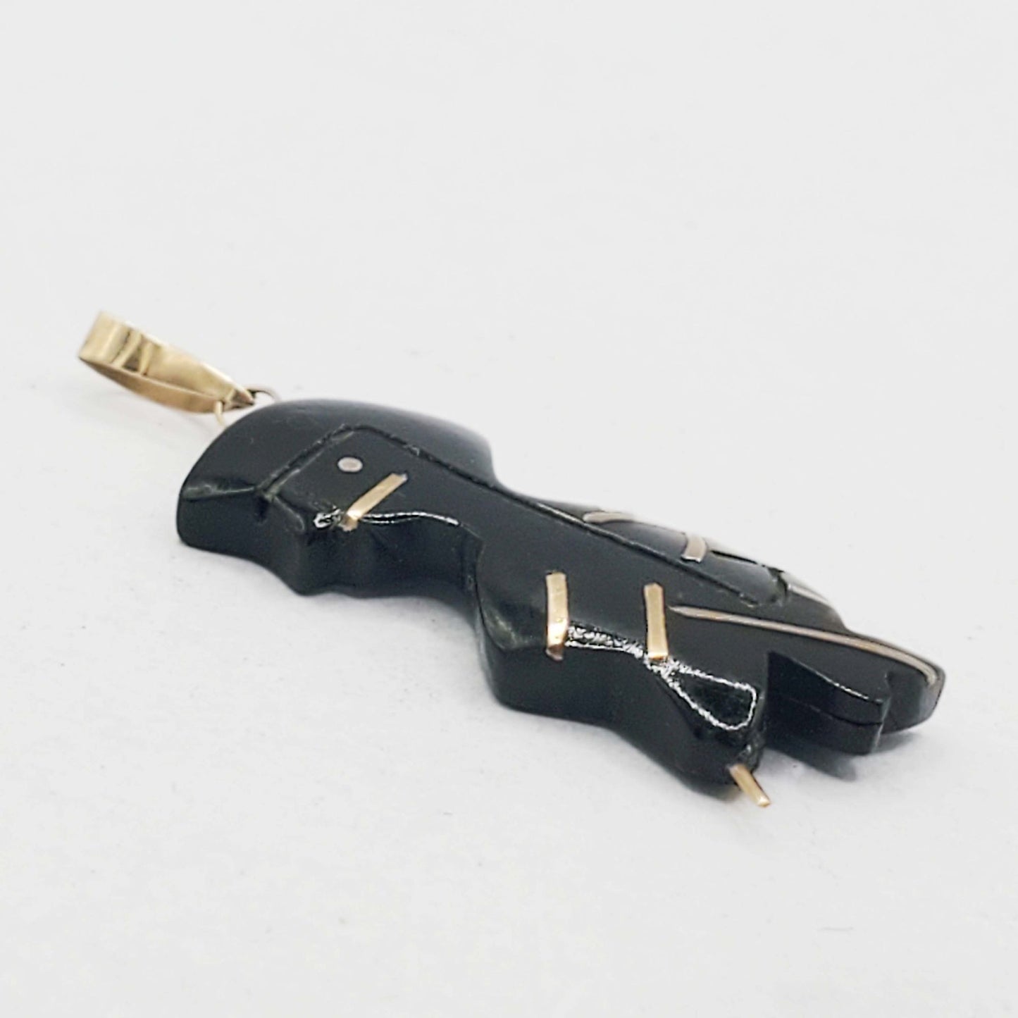 Antique Carved Black Coral Charm Pendant with 14k Gold Inlays