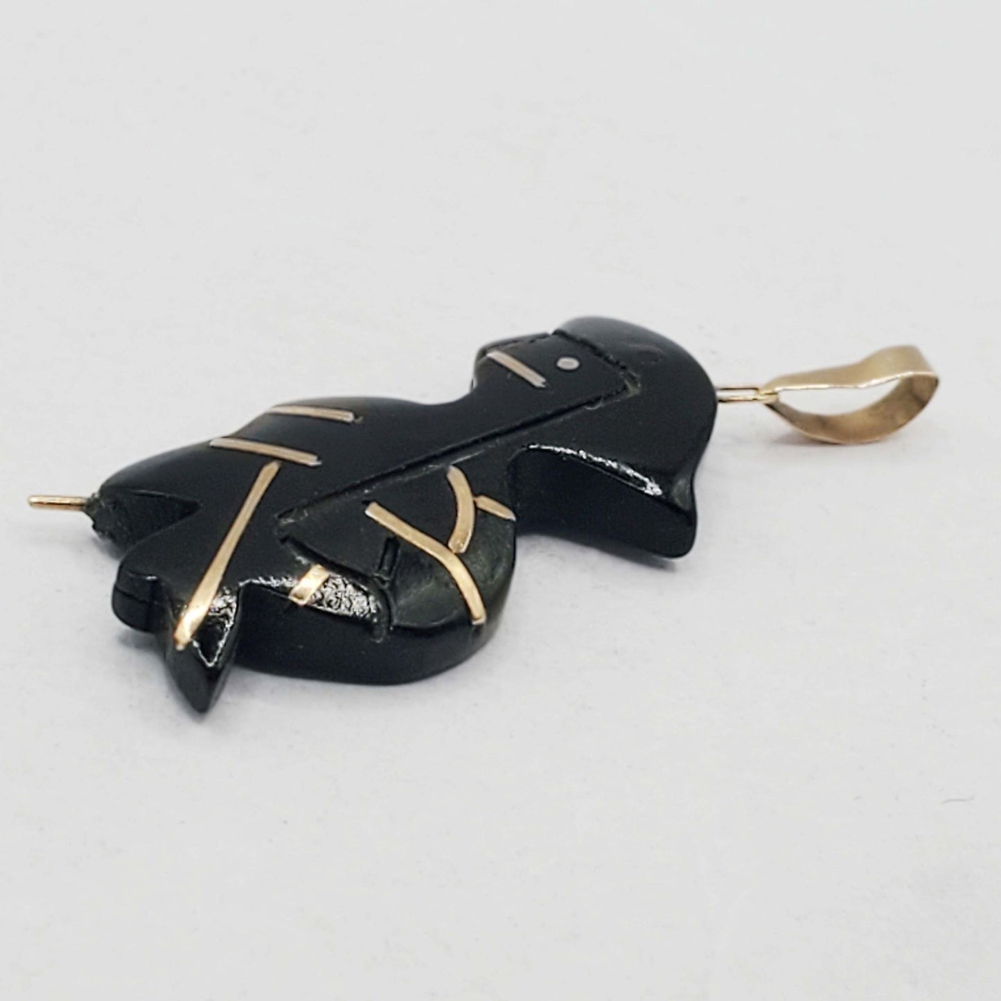 Antique Carved Black Coral Charm Pendant with 14k Gold Inlays