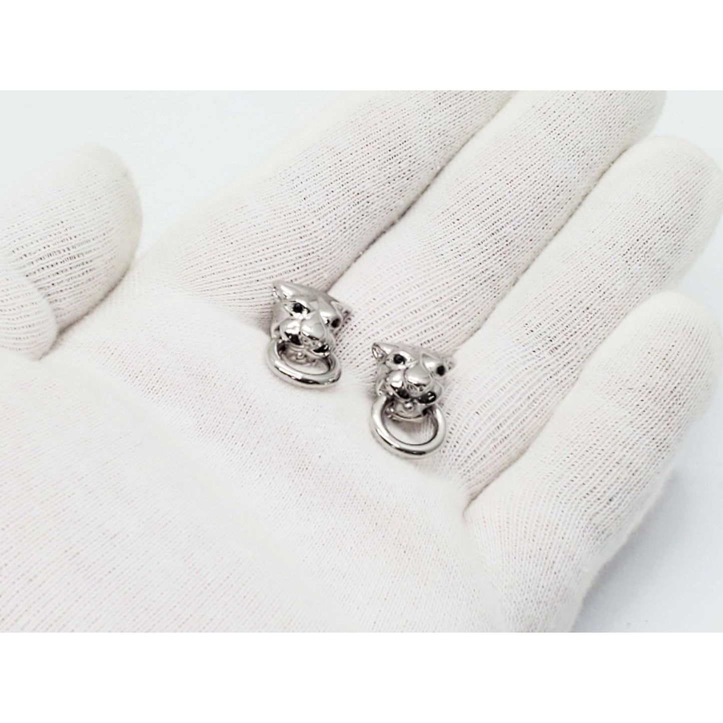 Panther or Dog Head Dangle Earrings Sapphire Eyes 18k White Gold