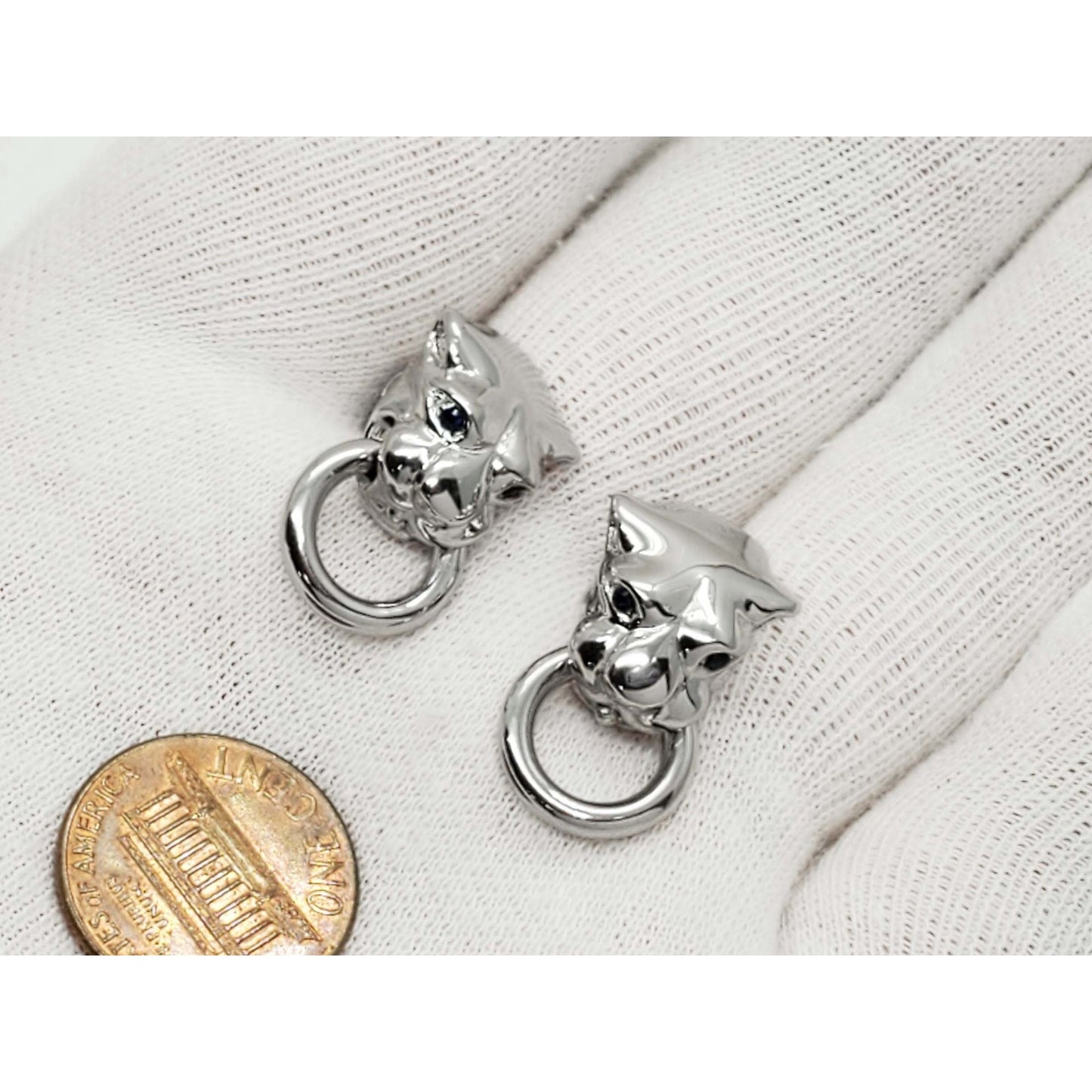 Panther or Dog Head Dangle Earrings Sapphire Eyes 18k White Gold