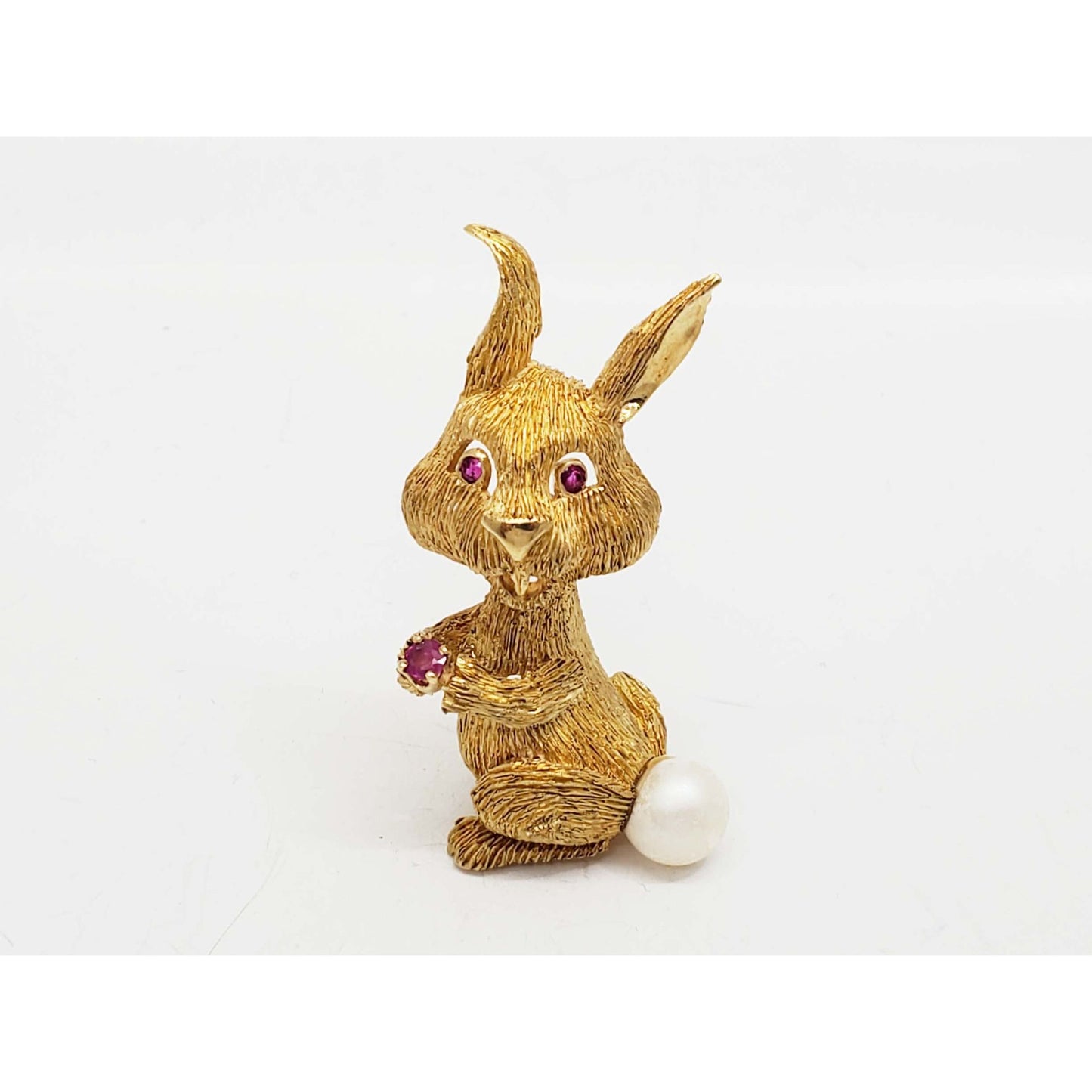 Vintage Bunny Rabbit Ruby & Pearl Brooch Pin 18k Gold