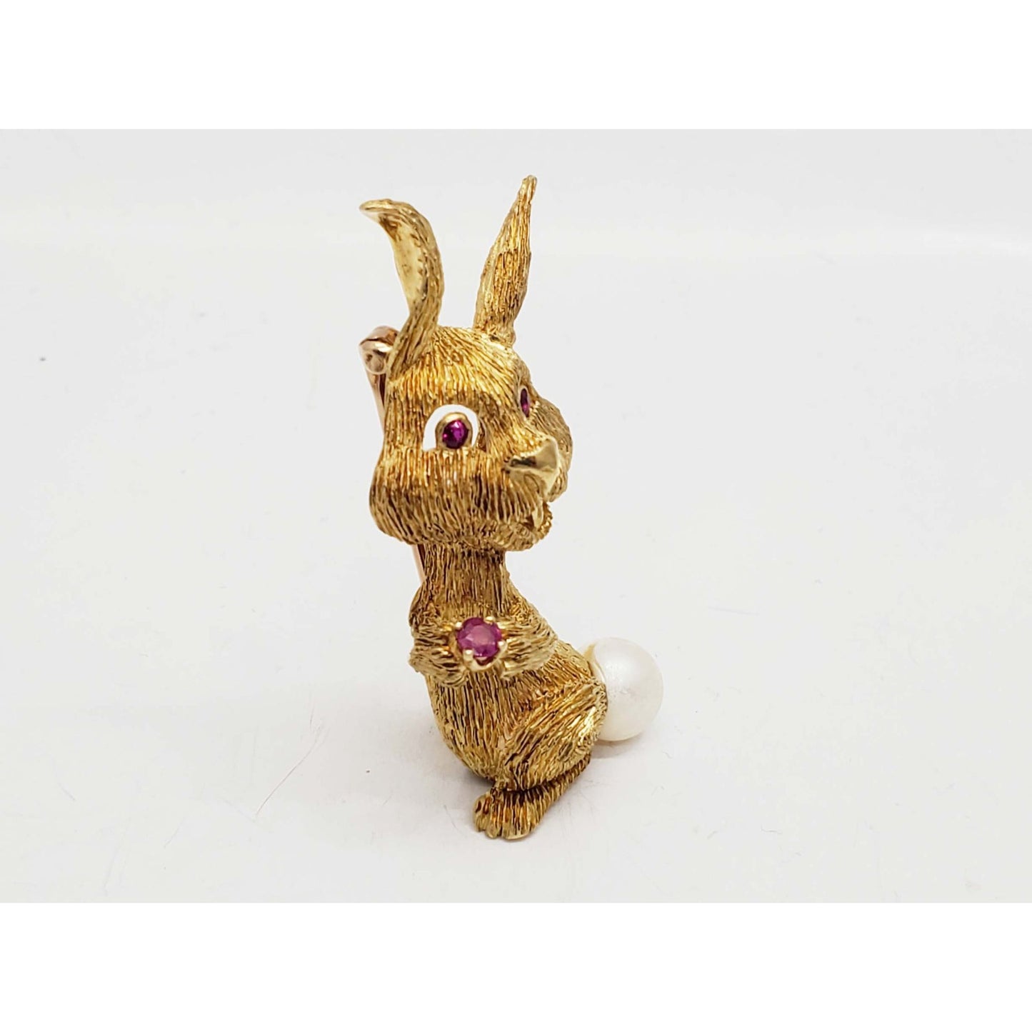 Vintage Bunny Rabbit Ruby & Pearl Brooch Pin 18k Gold