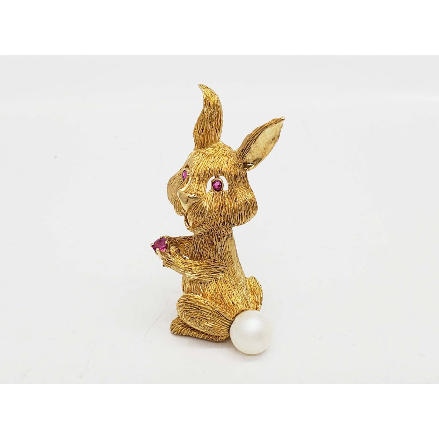 Vintage Bunny Rabbit Ruby & Pearl Brooch Pin 18k Gold