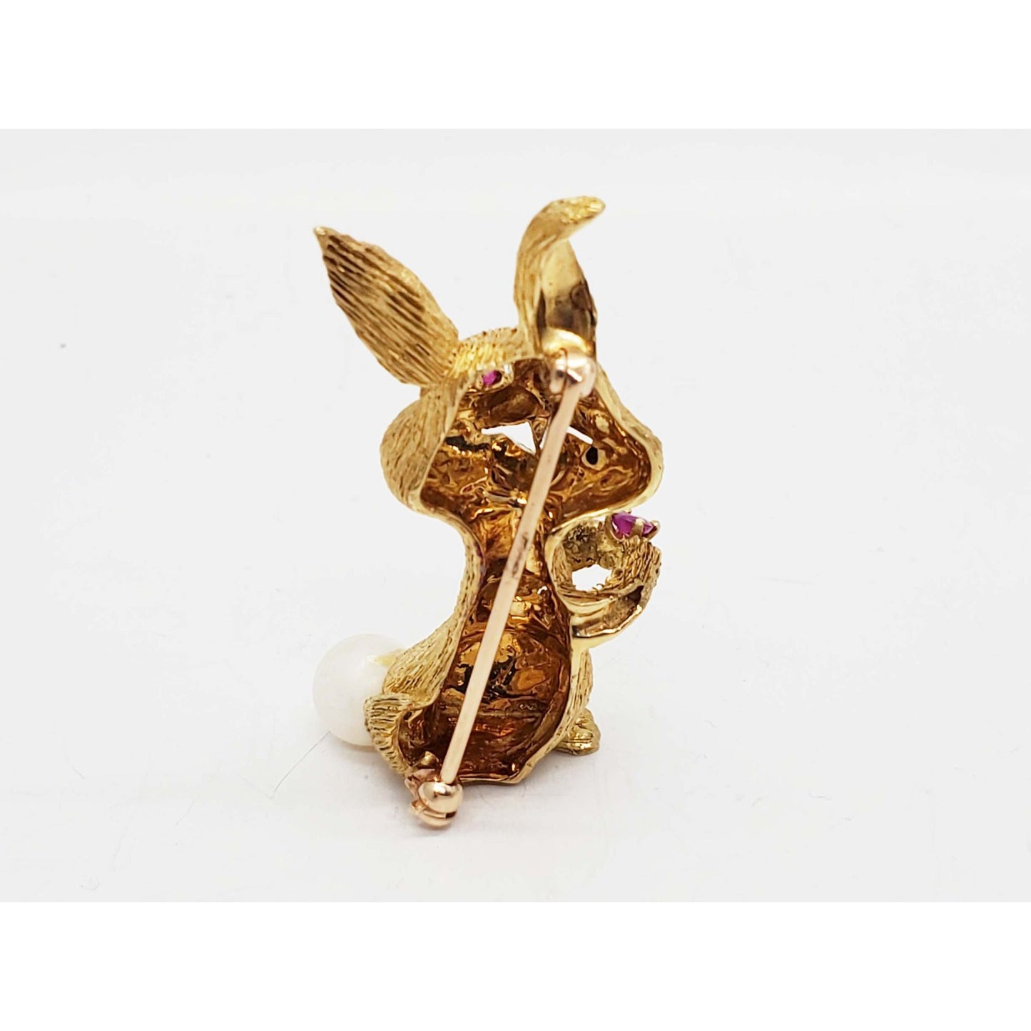 Vintage Bunny Rabbit Ruby & Pearl Brooch Pin 18k Gold