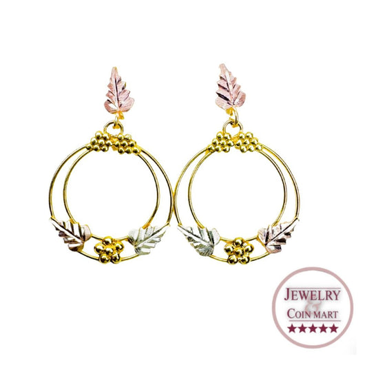 10k Gold Tri-Tone Circular Hoop Leaf Earrings