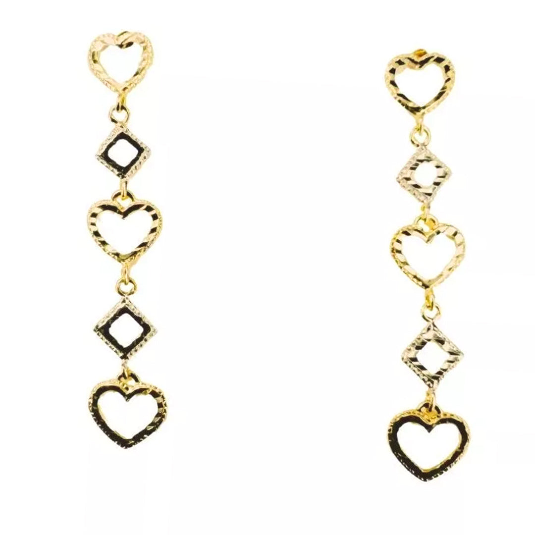 14k Gold Tri-Tone Etched Heart Dangle Earrings