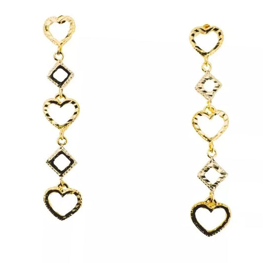 14k Gold Tri-Tone Etched Heart Dangle Earrings