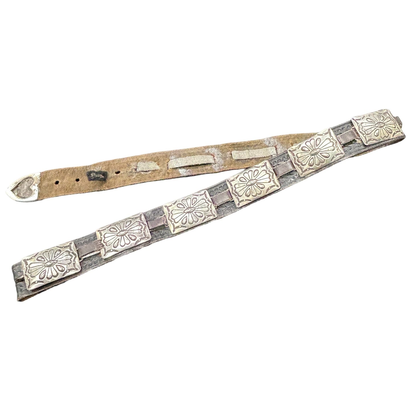 Antique Sterling Silver 11pc Rectangular Concho Belt, Genuine Leather Belt