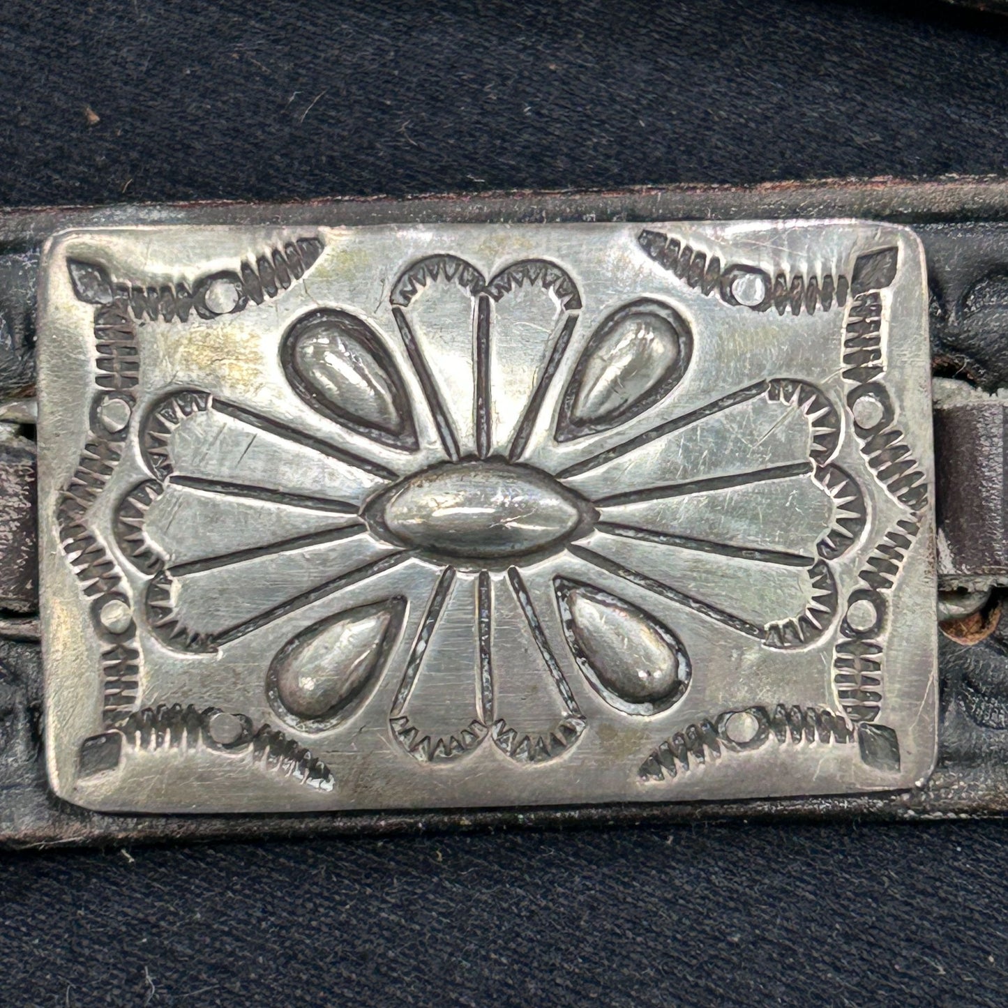 Antique Sterling Silver 11pc Rectangular Concho Belt, Genuine Leather Belt