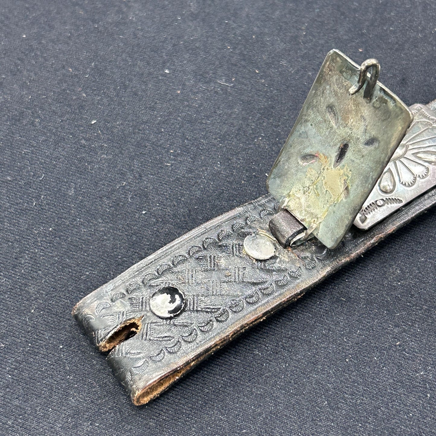 Antique Sterling Silver 11pc Rectangular Concho Belt, Genuine Leather Belt