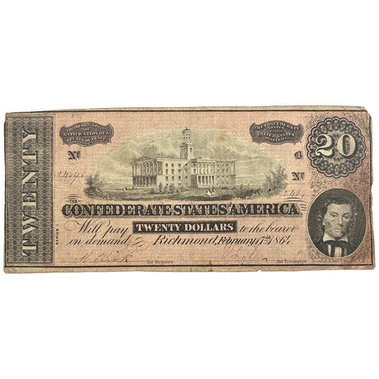 Rare Series I 1864 Confederate States Of America $20 Bill - Circulated Banknote