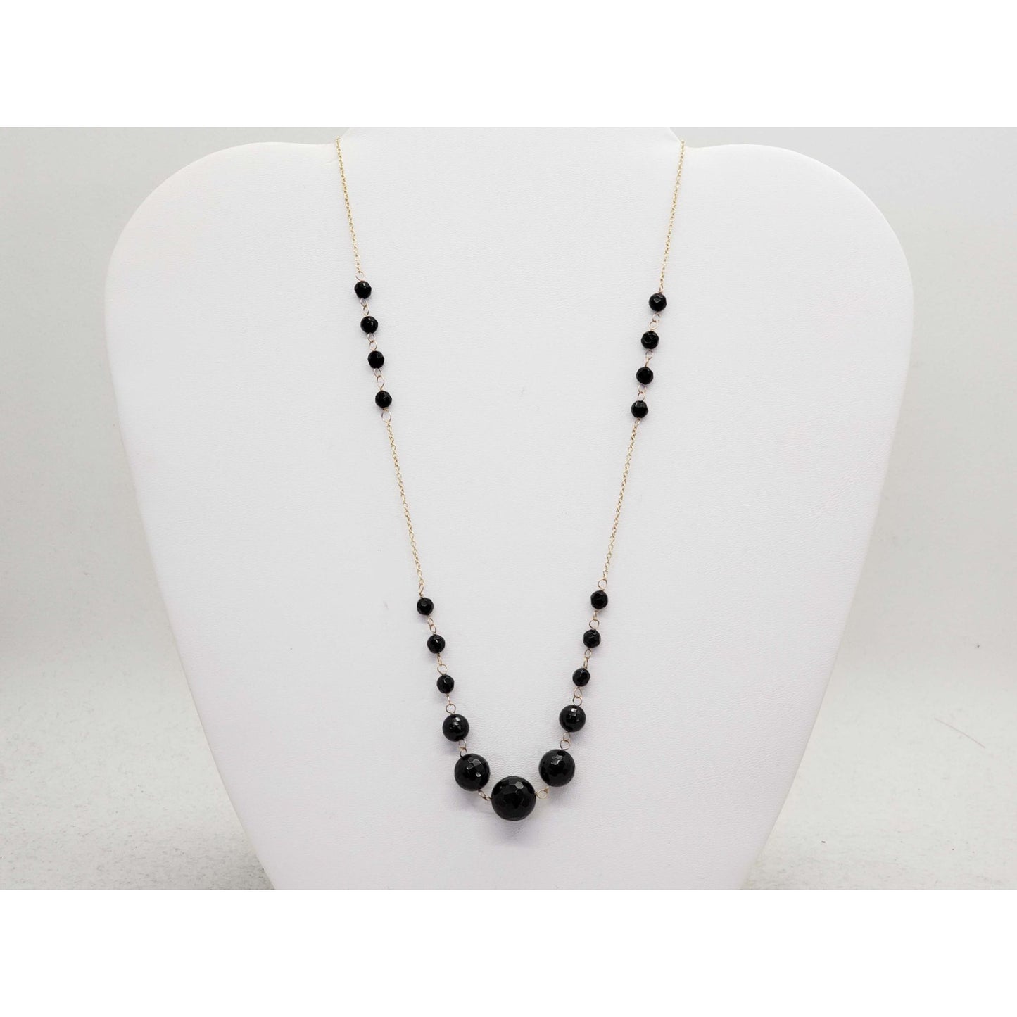 Vintage Graduated Faceted Onyx Bead Station Necklace 14k Gold