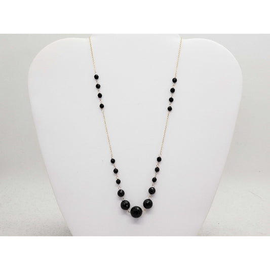 Vintage Graduated Faceted Onyx Bead Station Necklace 14k Gold