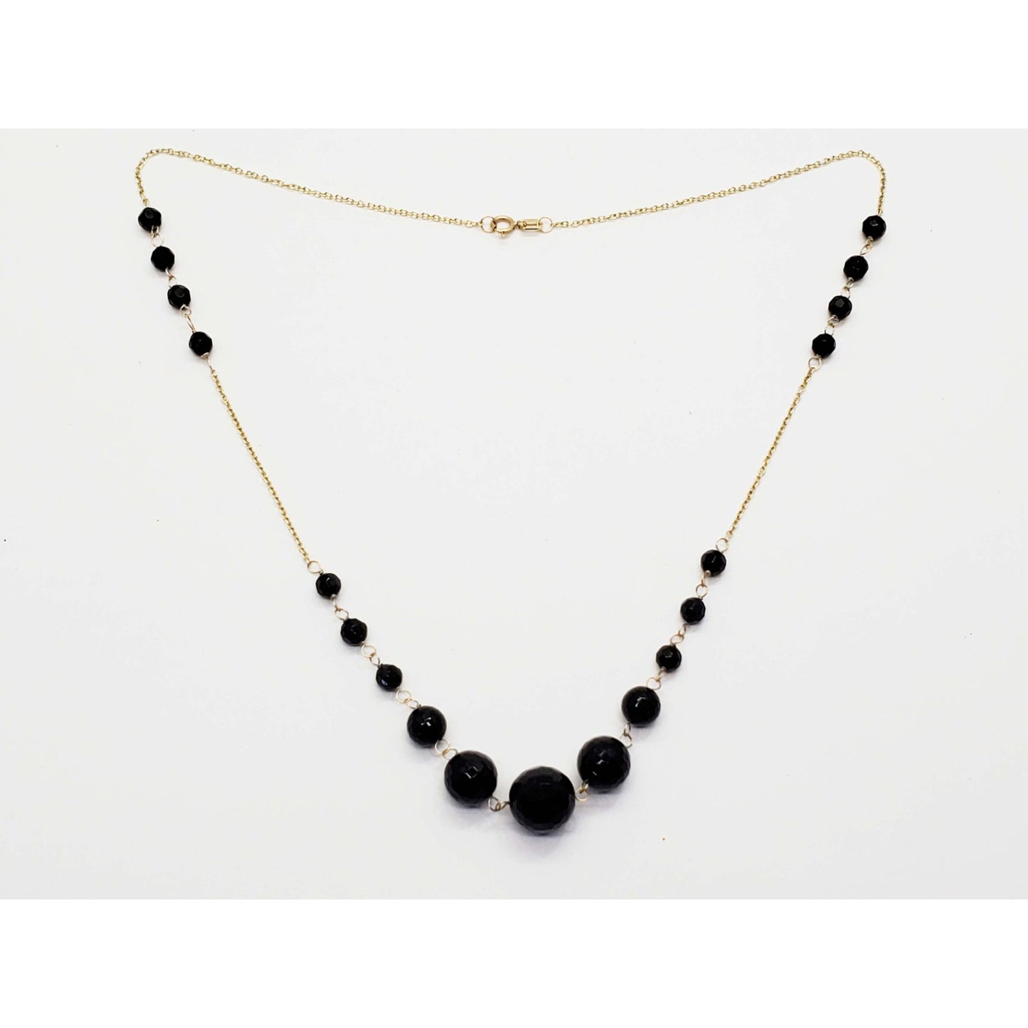 Vintage Graduated Faceted Onyx Bead Station Necklace 14k Gold