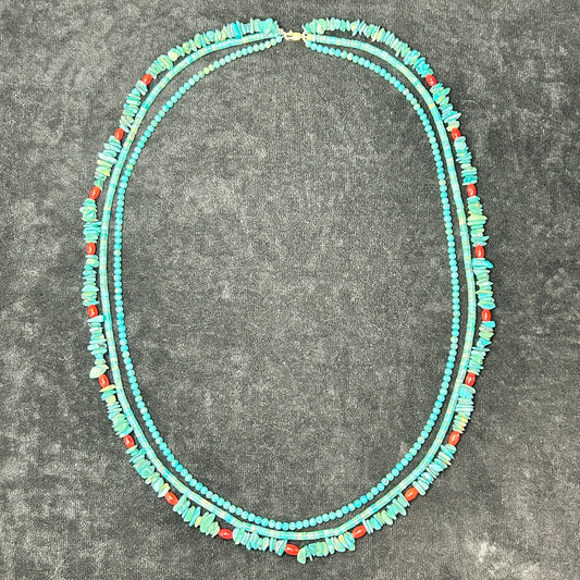 Triple Strand Turquoise & Red/Green Coral Necklace - 14k Gold Clasp SF CHINA