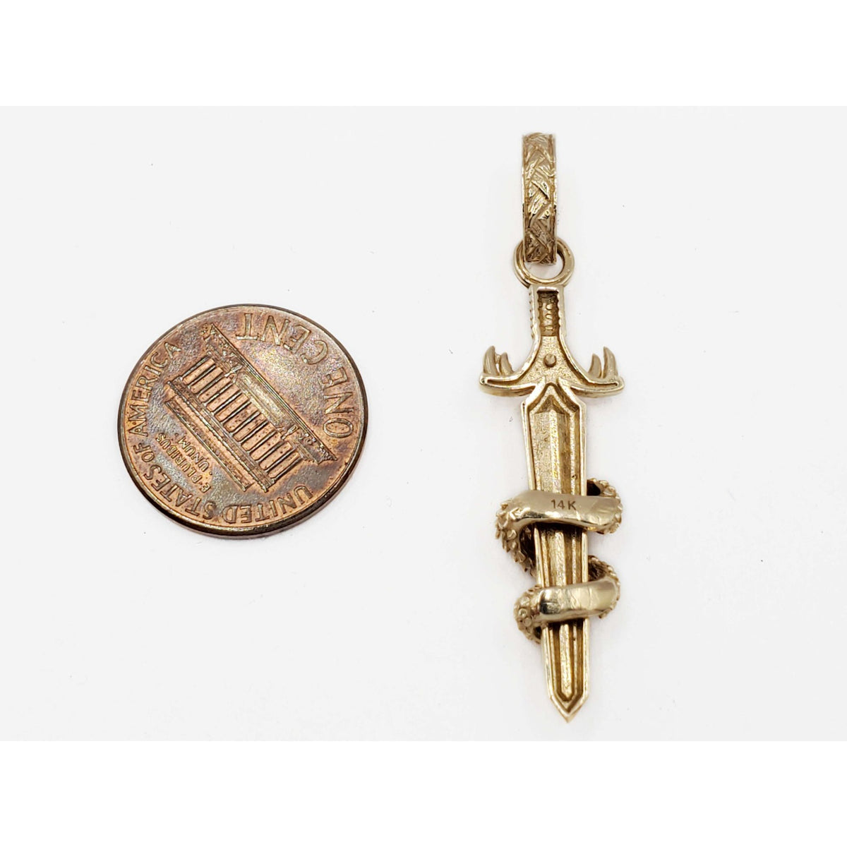 Decorative Dagger & Serpent Snake Pendant 14k Gold