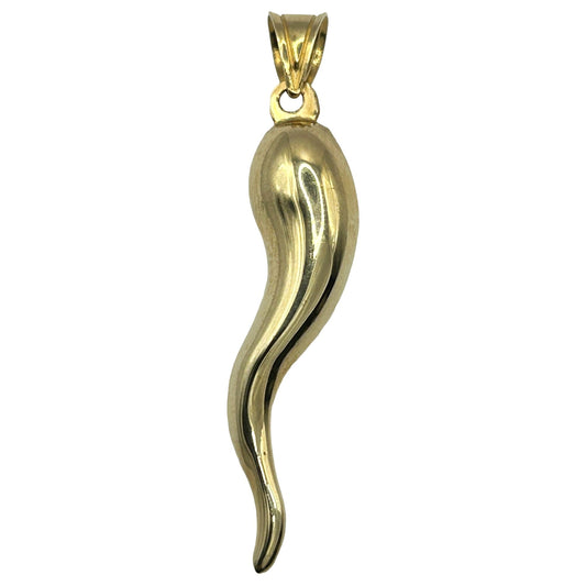14k Yellow Gold Large Italian Cornicello Horn 38.5mm Long Charm Puffed Pendant