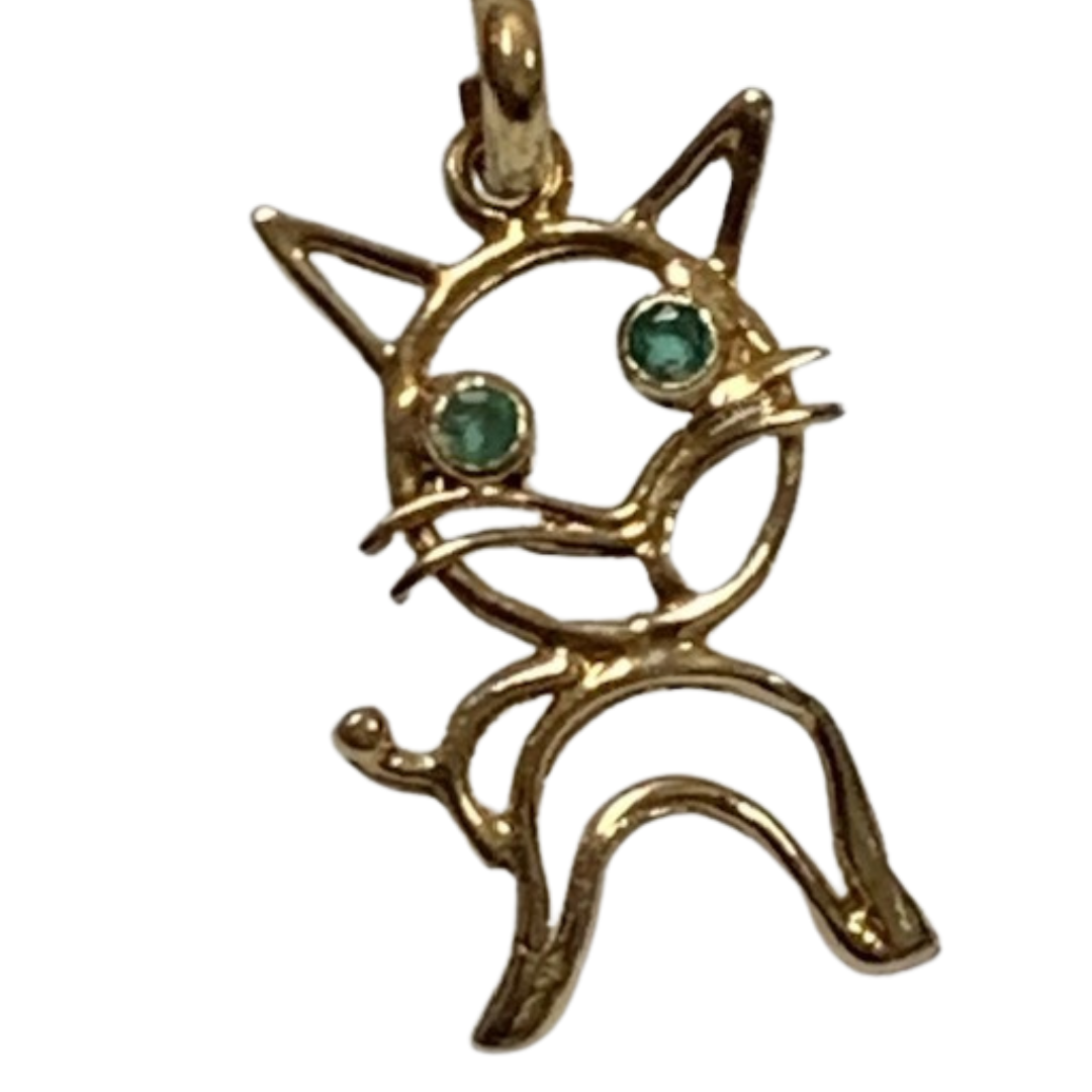 14k Yellow Gold Cat with Green Eyes Charm Pendant