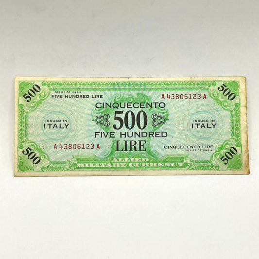 Series of 1943-A Italy Sicily Rare R2 Banknote Lire 500 Allied Military WWII FLC