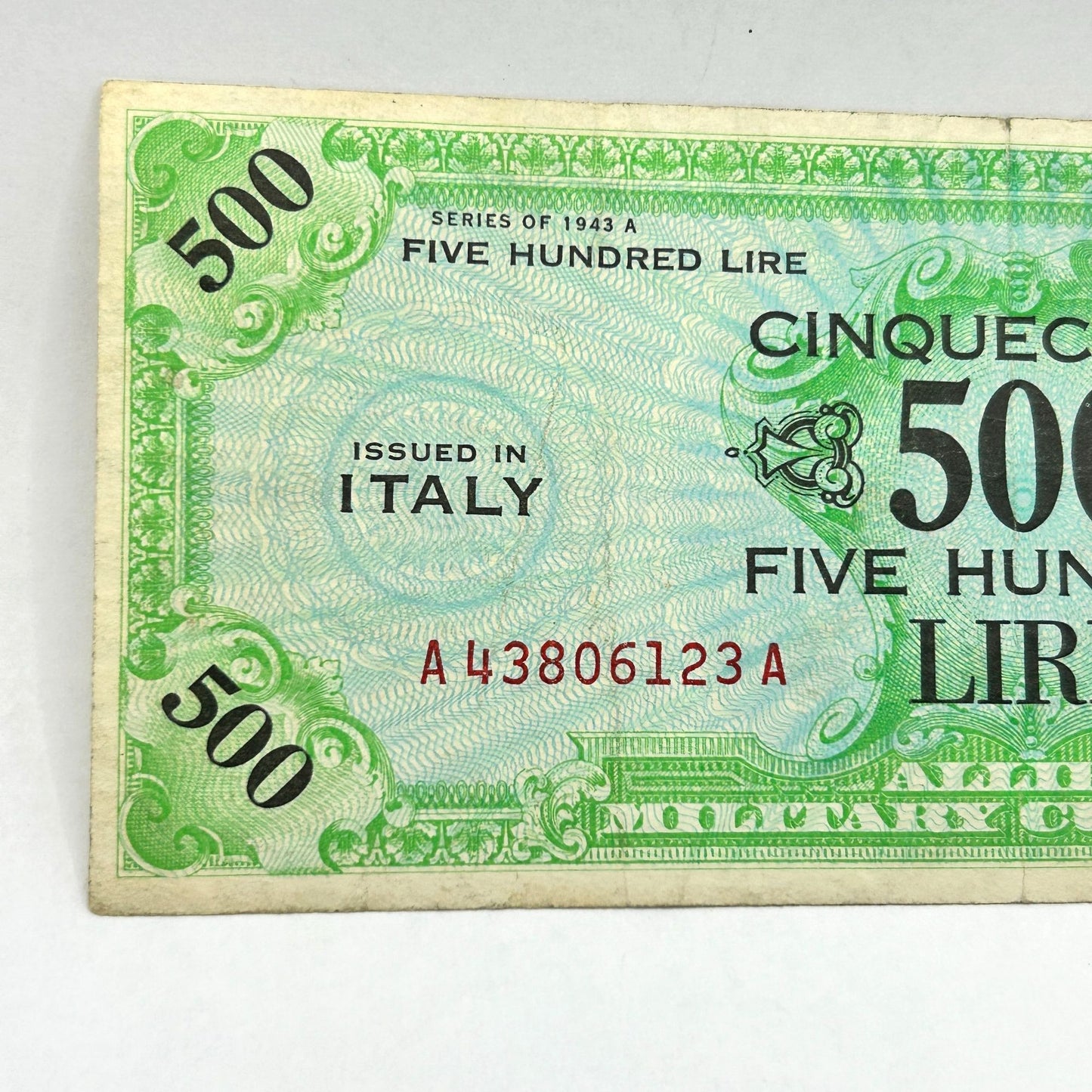 Series of 1943-A Italy Sicily Rare R2 Banknote Lire 500 Allied Military WWII FLC