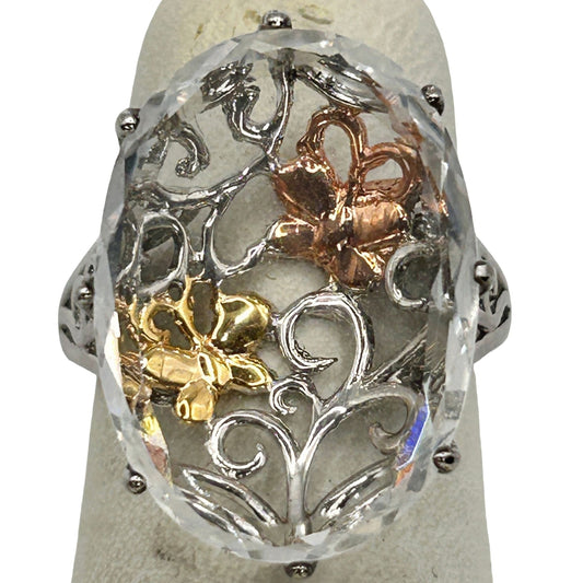 Vintage 925 Sterling Silver Butterfly Scroll Rock Crystal Quartz Ring Size 5.25