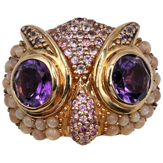 SB 925 Sterling Silver Mother of Pearl 'Owl-Face' Ring with Purple Gems Size 8.5
